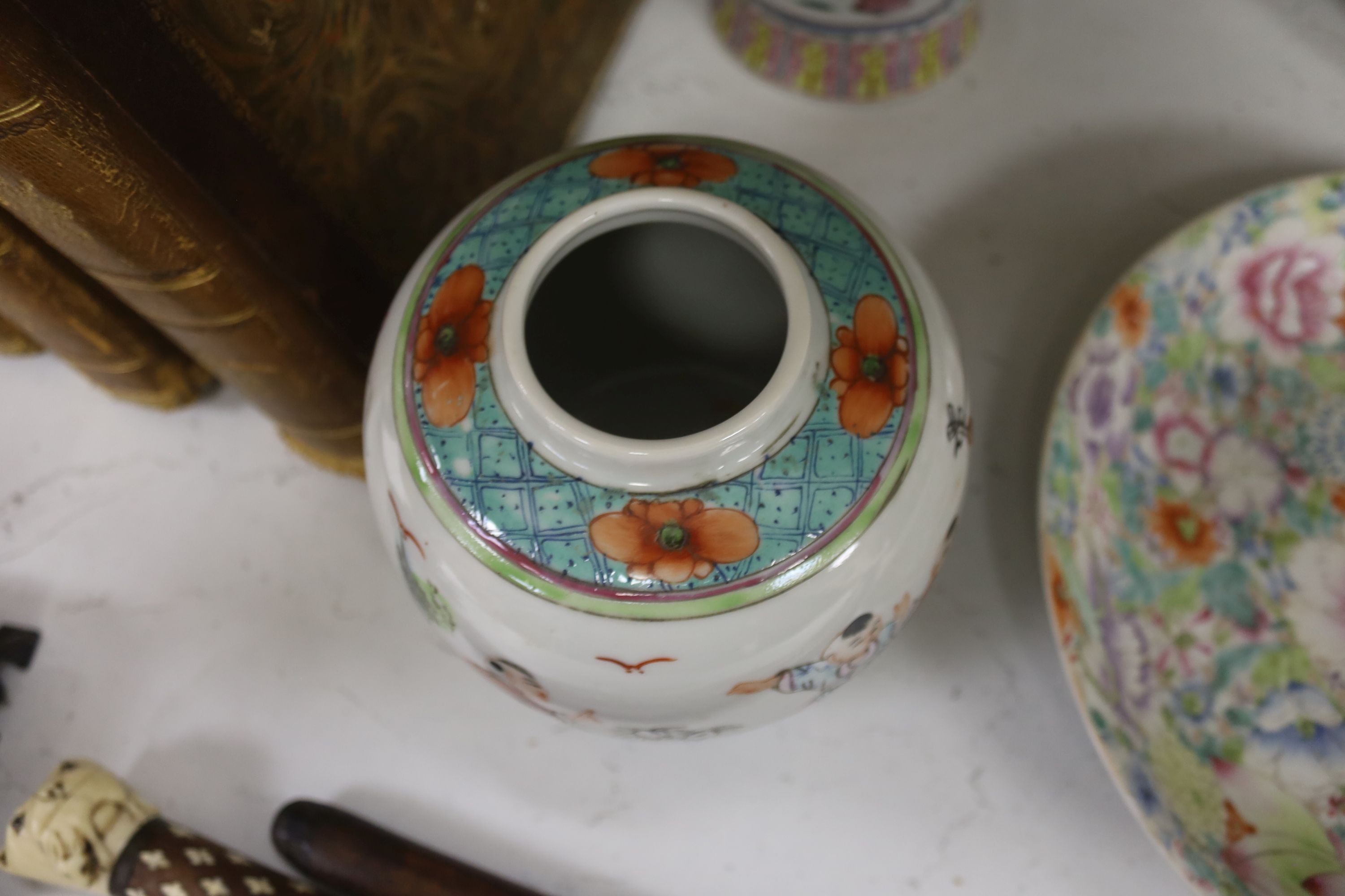 Two Chinese ‘millefleur’ dishes, a turquoise ground ‘Dragon’ dish Guangxu mark and period, a late 19th century famille rose jar etc.